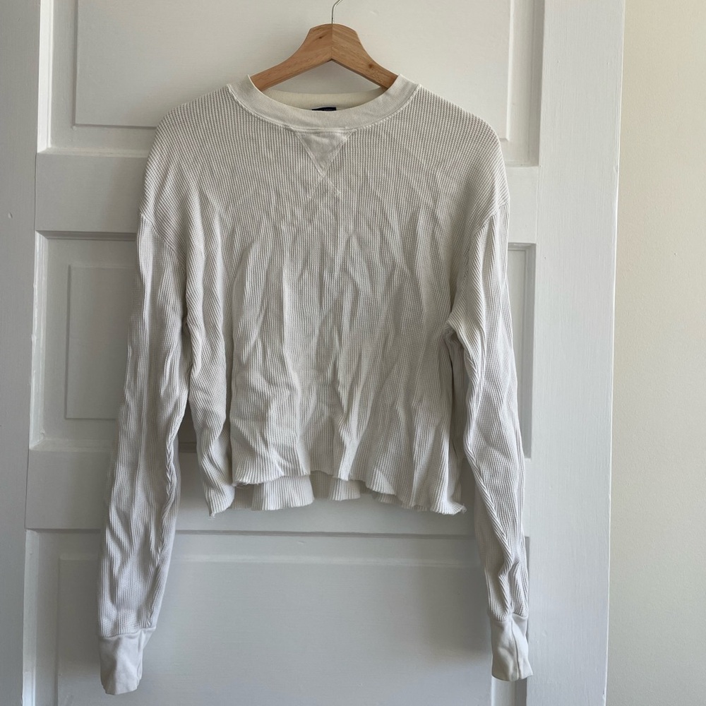 Brandy Melville Women's White Ribbed Long Sleeve Waffle Top